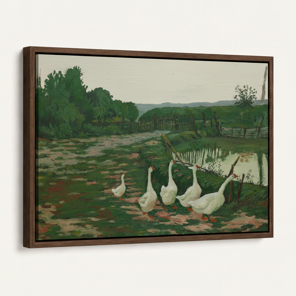 Framed canvas print of five white geese walking in green countryside, dark walnut float frame angled view