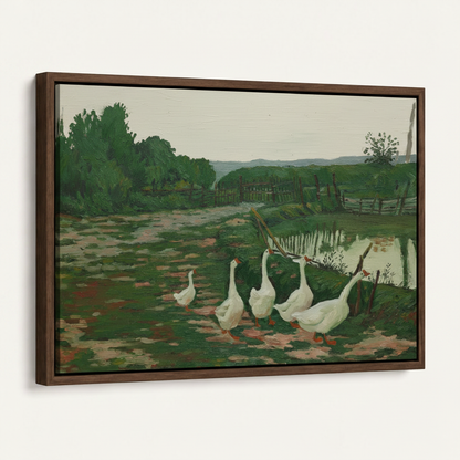 Framed canvas print of five white geese walking in green countryside, dark walnut float frame angled view