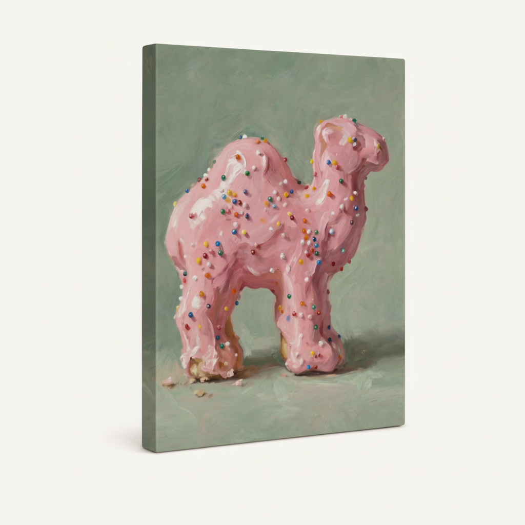 Gallery wrap canvas of pink camel cookie with colorful sprinkles, angled product view