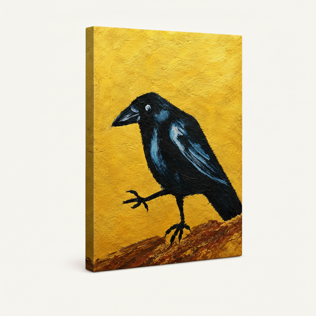 Gallery wrap canvas of black crow on golden background, angled product view on white background