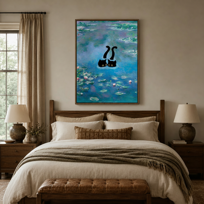 Whimsical black cat water lily canvas hung above dark walnut bed in cozy warm-toned bedroom