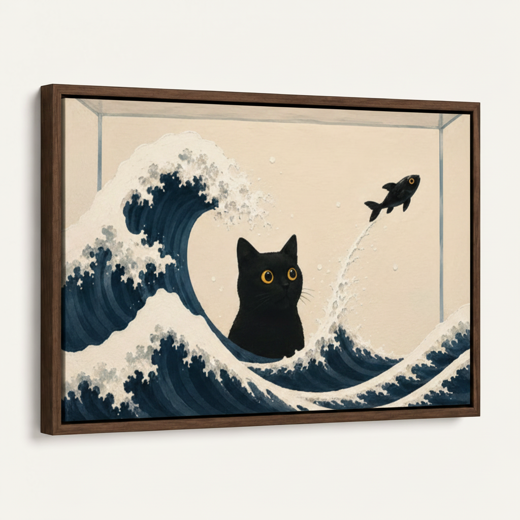 Framed canvas of wide-eyed black cat amid bold navy waves and leaping fish, dark walnut floater frame, white background 45-degree angle view