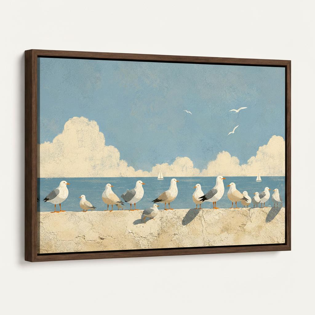 Framed seagull coastal illustration canvas, dark walnut frame angled product view on white background
