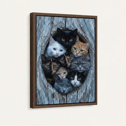 Framed canvas wall art with nine cats in weathered wood hollow, walnut frame