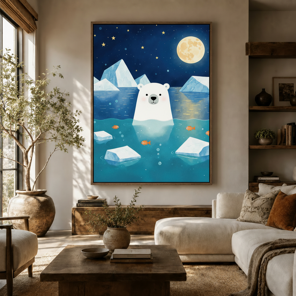 Whimsical polar bear night sky canvas in dark frame hung in warm Japandi-style living room