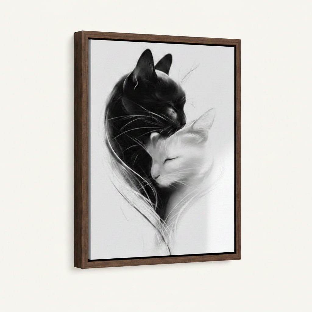 Black and white yin yang cat portrait in dark walnut floater frame, 45-degree product view