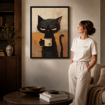 Black framed grumpy cat coffee wall art displayed in a softly lit modern interior