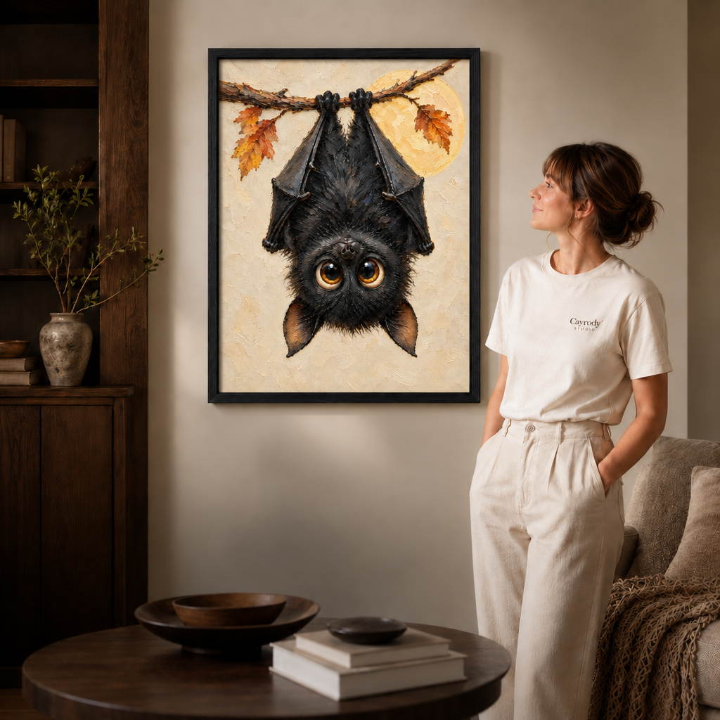Black-framed fluffy bat hanging from an autumn branch, styled in a warm living room with a round table