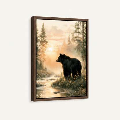 Framed black bear sunset painting in dark walnut float frame on white background product shot
