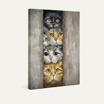 Gallery-wrapped five cats peeking watercolor canvas print angled view showing grey wrapped sides and fur detail