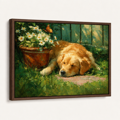 Sleeping golden retriever garden artwork displayed in a slim dark walnut floating frame.