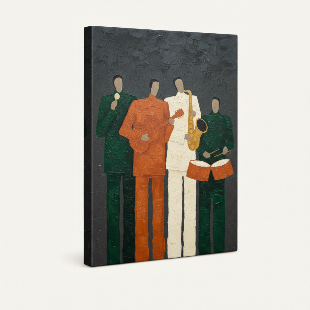 Gallery-wrapped jazz band impasto canvas print angled view showing dark charcoal grey wrapped sides and thick paint texture