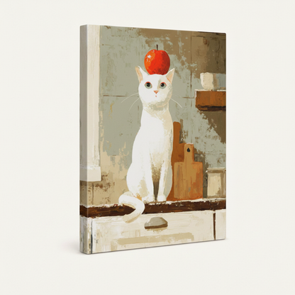 Gallery-wrapped white cat canvas print shown at angle on clean white background