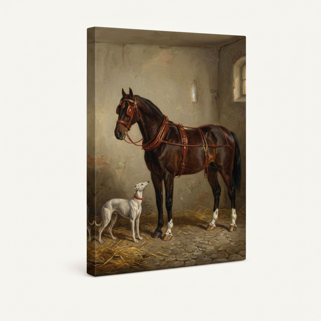 Gallery-wrapped horse and greyhound canvas print shown at three-quarter angle on white background