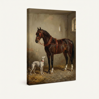 Gallery-wrapped horse and greyhound canvas print shown at three-quarter angle on white background