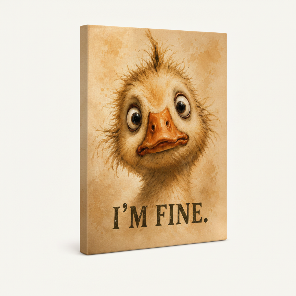 Gallery-wrapped canvas side view showing warm parchment-toned edges with whimsical duck watercolor print