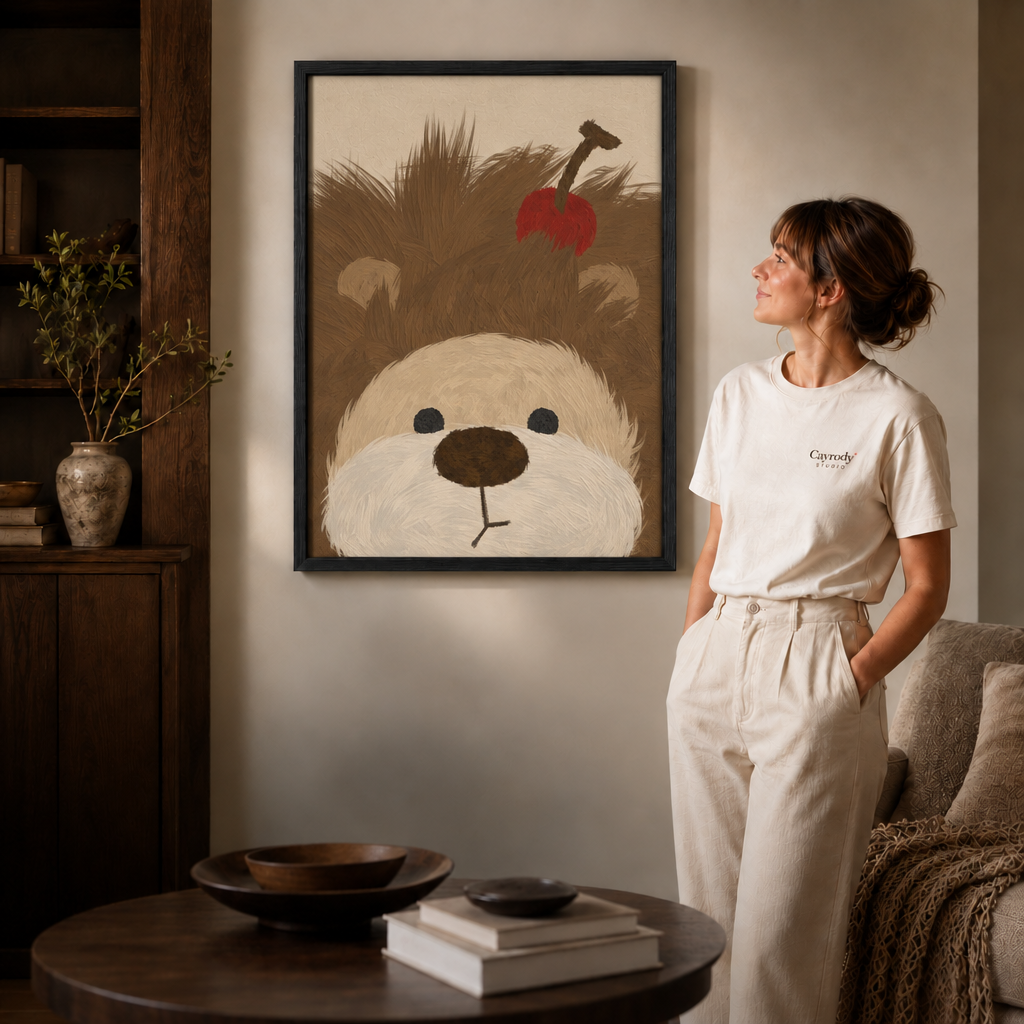 Woman admiring a thin black framed fluffy brown dog with a red apple artwork in a cozy modern living room.