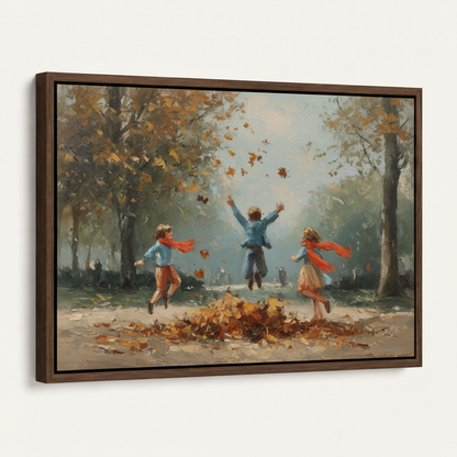 Three children leaping autumn leaves impressionist canvas in dark walnut float frame, angled product view on white background