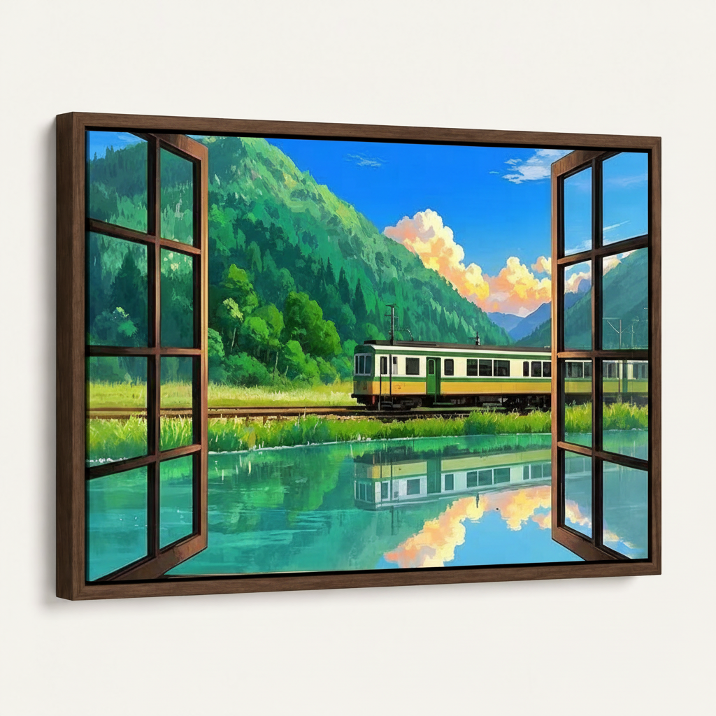 Framed anime train window canvas print, dark walnut frame angled product view on white background