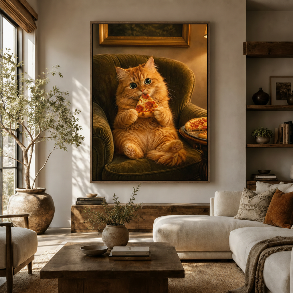 Funny orange cat pizza realistic canvas in walnut frame above rustic sideboard in warm cozy living room