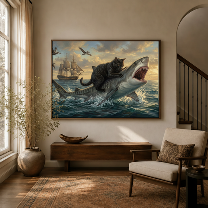 Epic black cat shark ocean canvas above console in warm golden entryway beside armchair and staircase