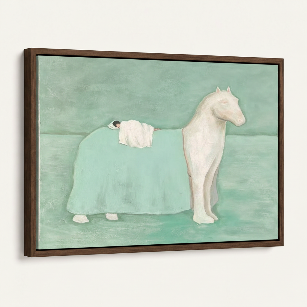 Framed canvas wall art print of dreaming horse figurative oil painting, dark walnut float frame