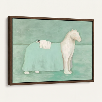 Framed canvas wall art print of dreaming horse figurative oil painting, dark walnut float frame