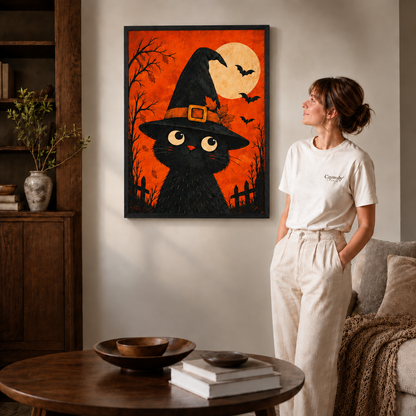 Black cat witch Halloween canvas wall art displayed as a focal point in a styled living room with shelving and furniture.