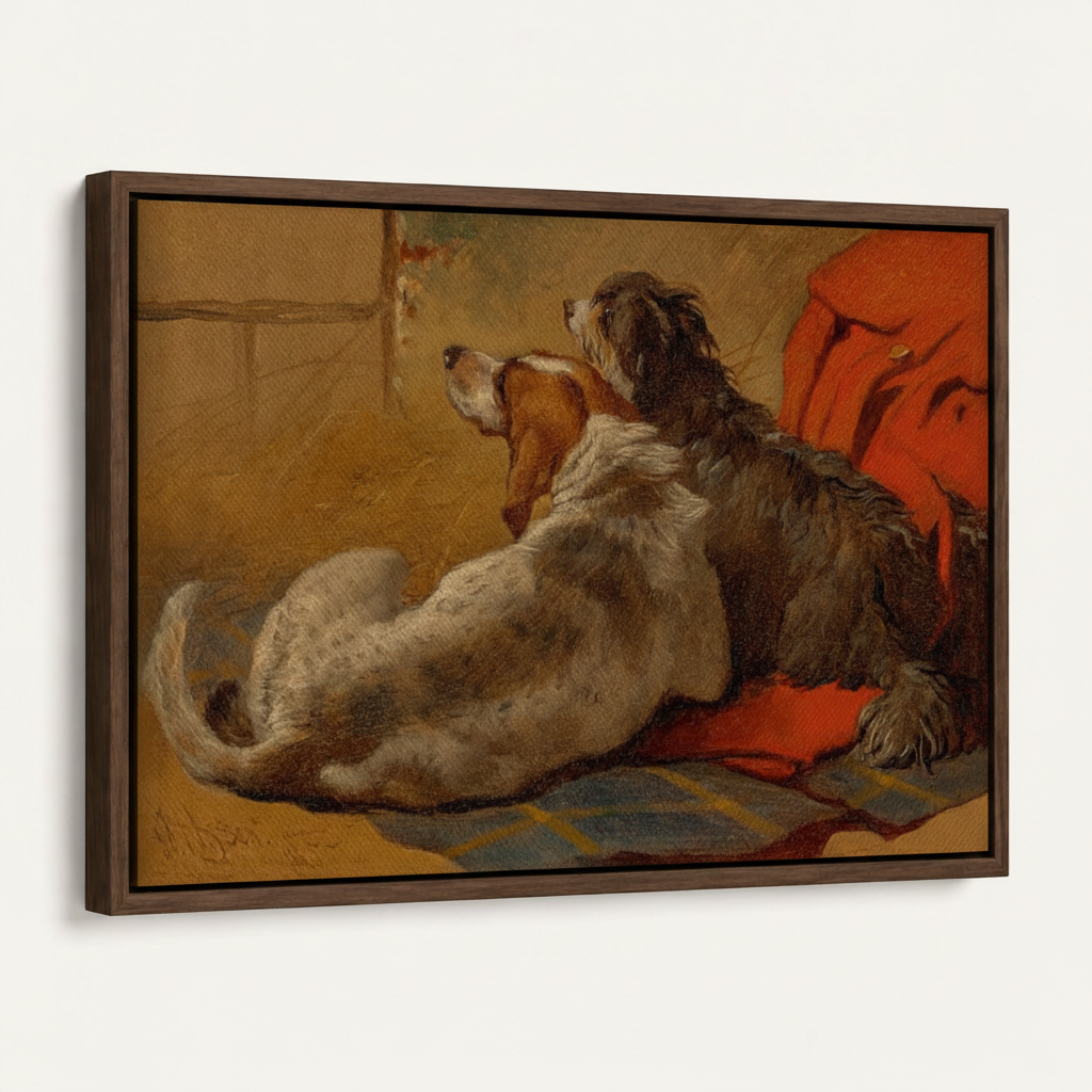 Framed Victorian hunting dogs oil painting canvas print with dark walnut float frame angled view