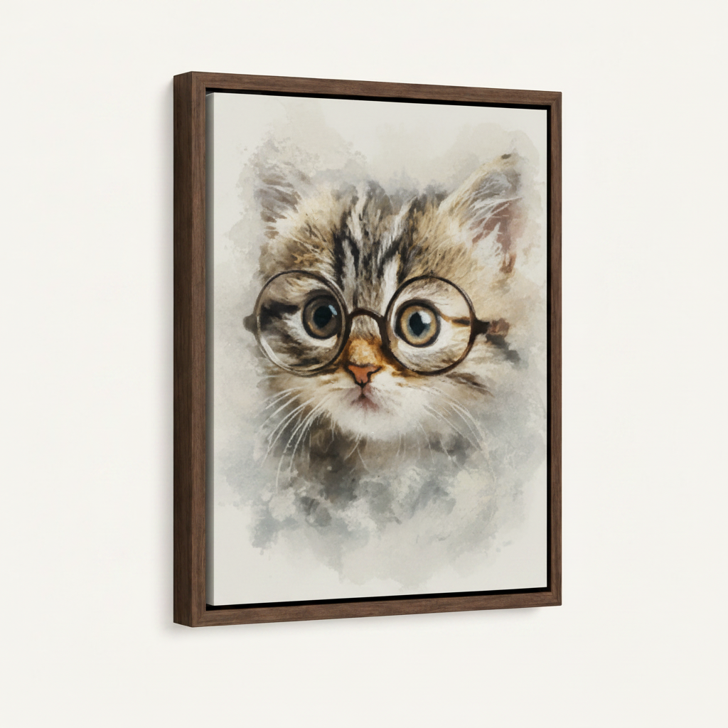 Tabby kitten watercolor canvas in wide dark walnut float frame 3/4 angle product mockup on warm cream background