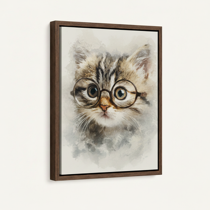Tabby kitten watercolor canvas in wide dark walnut float frame 3/4 angle product mockup on warm cream background