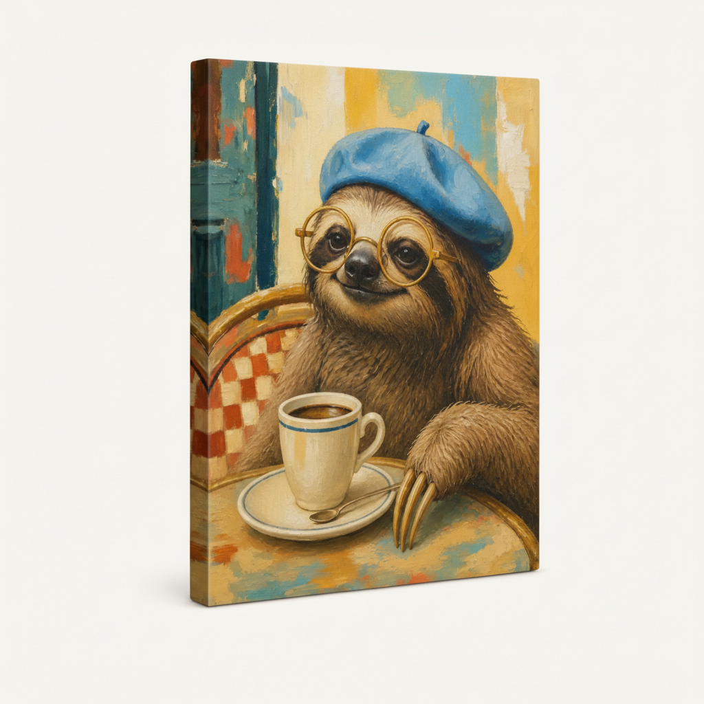 Gallery-wrapped sloth café painting canvas at angle showing textured linen sides on clean off-white background