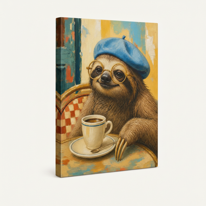 Gallery-wrapped sloth café painting canvas at angle showing textured linen sides on clean off-white background