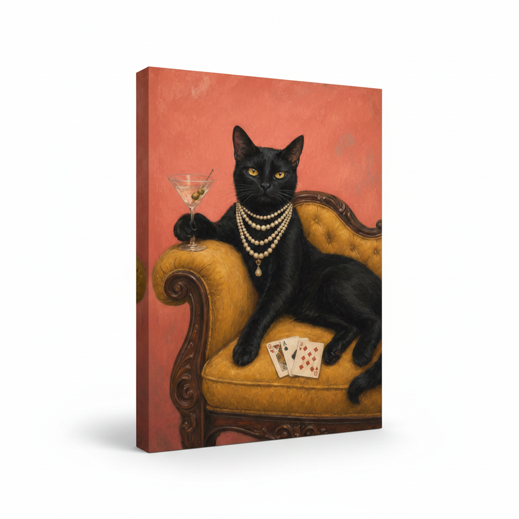 Gallery-wrapped black cat canvas print with coral pink sides on white background