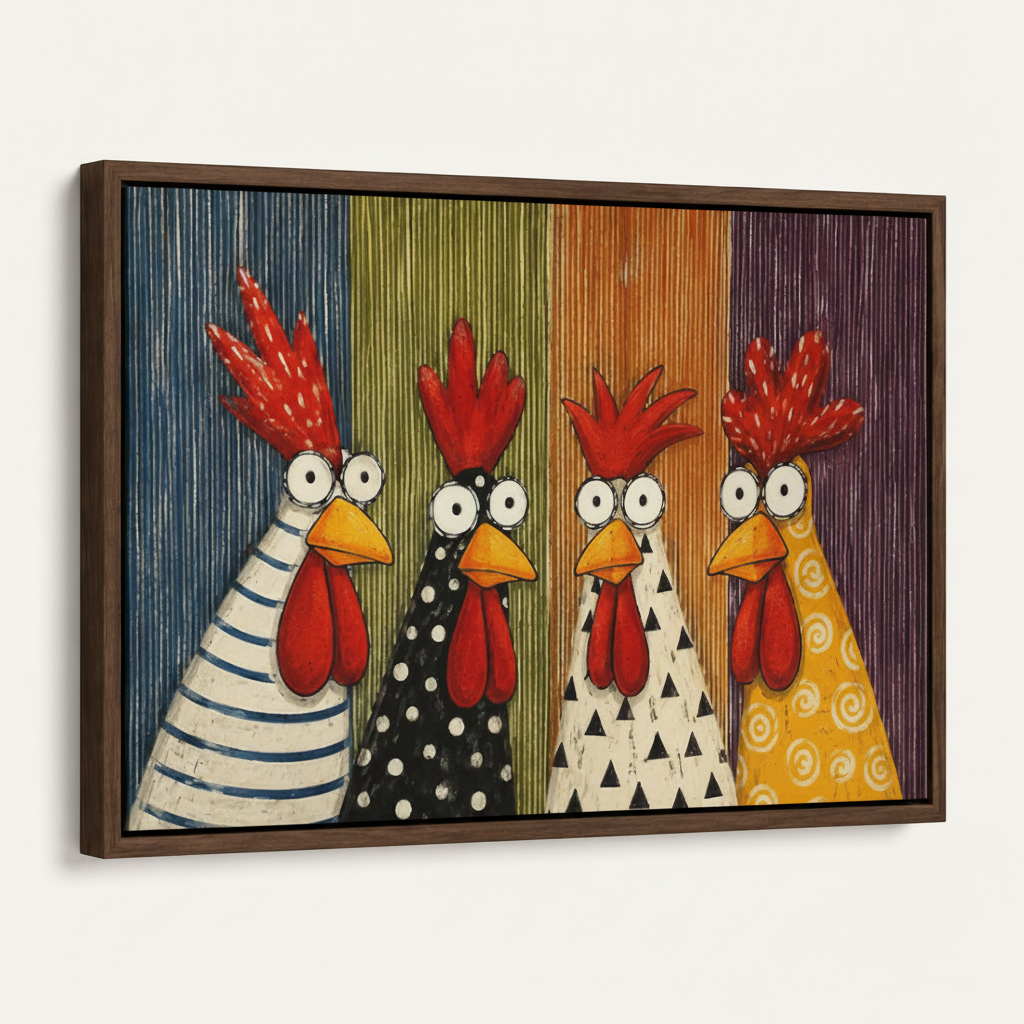 Four patterned roosters pop art canvas in dark walnut float frame at 45-degree angle on white background