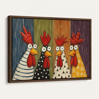 Four patterned roosters pop art canvas in dark walnut float frame at 45-degree angle on white background