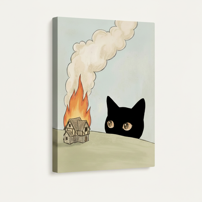 Gallery-wrapped "This Is Fine" cat canvas print angled product view, minimalist art