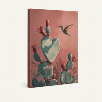Gallery wrapped hummingbird cactus botanical canvas print with dark sides shown at angle on white background