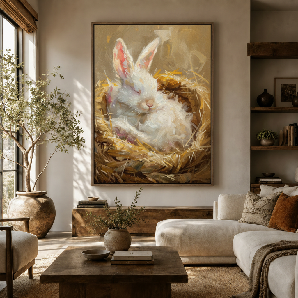 Cozy white bunny sleeping in straw nest canvas wall art hanging in warm modern living room with olive tree