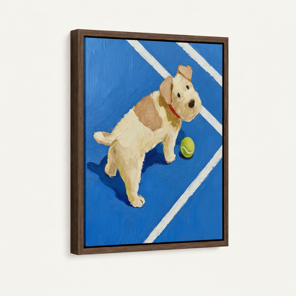 Dog on tennis court canvas in dark walnut float frame, angled three-quarter view on white background