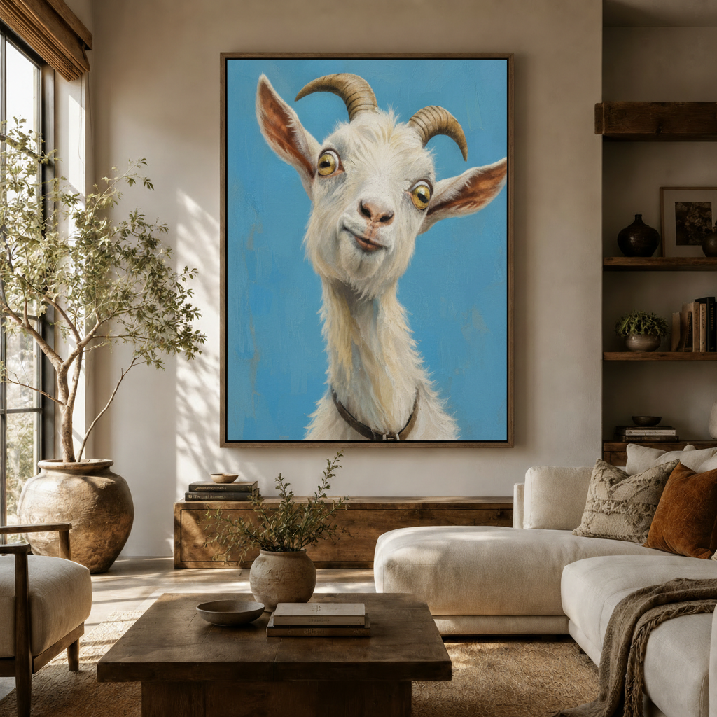 Realistic white goat portrait sky blue canvas in dark frame above rustic sideboard in warm modern living room