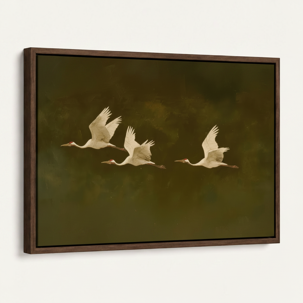  Framed flying cranes bird canvas print in dark walnut float frame, angled product view on white background