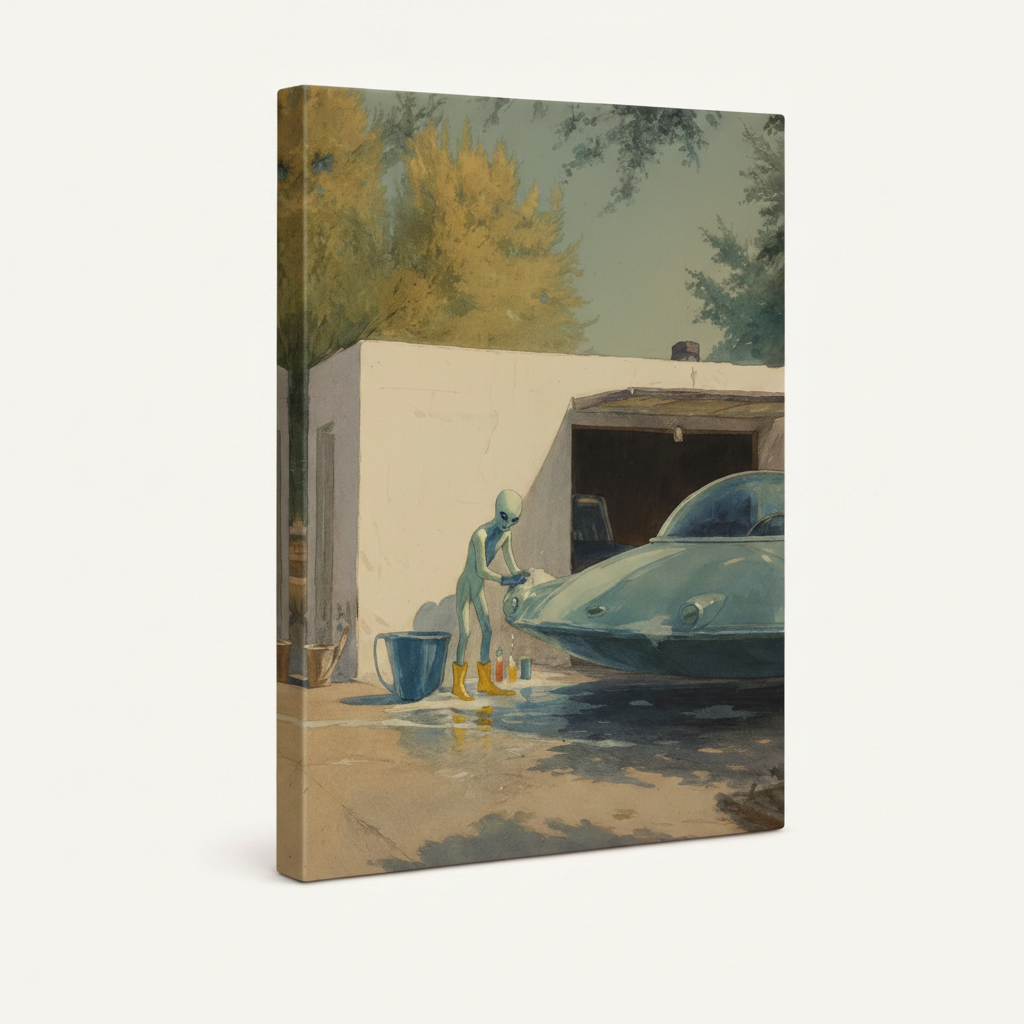 Gallery-wrapped alien UFO watercolor canvas print angled view showing wrapped edges and vintage illustration style