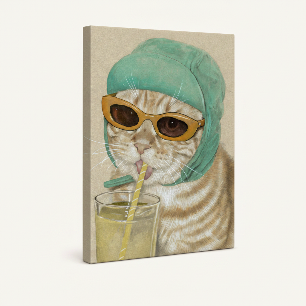 Gallery-wrapped funny cat sunglasses canvas print shown at angle on cream background