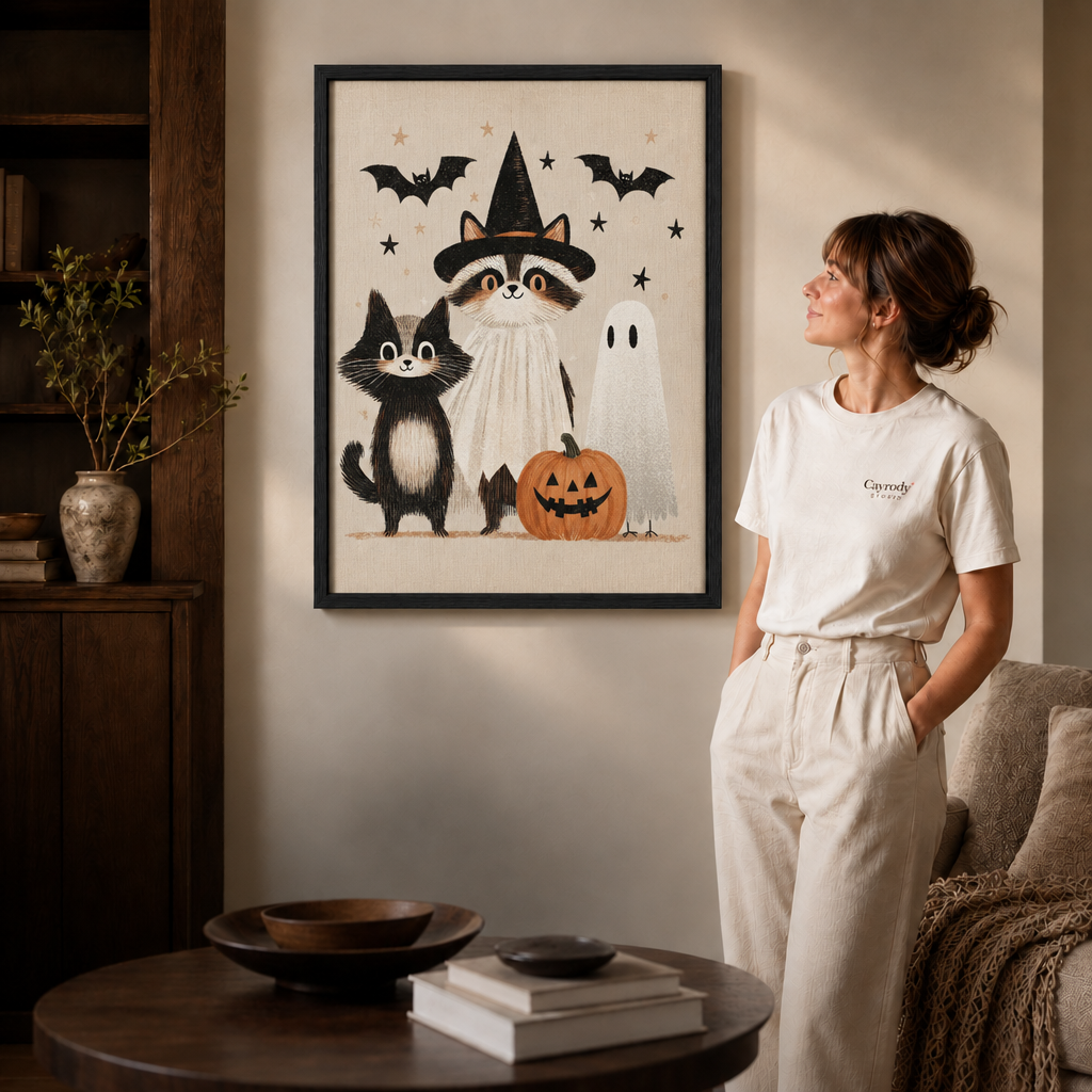 Black-framed Halloween cat canvas wall art displayed above a wood cabinet in a warmly lit room.