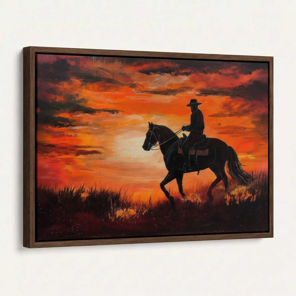 Dark walnut floater frame canvas showing cowboy riding horse at fiery sunset, angled product view