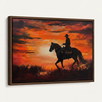 Dark walnut floater frame canvas showing cowboy riding horse at fiery sunset, angled product view