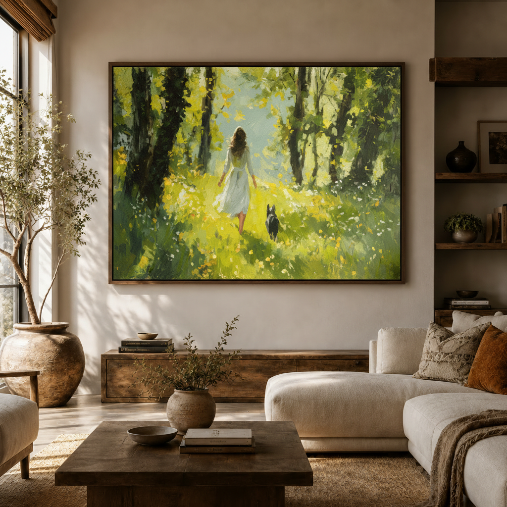 Large impressionist sunlit forest canvas wall art above walnut console in warm neutral modern living room