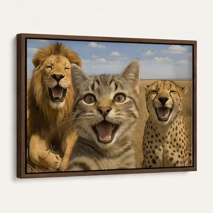 Dark walnut float frame canvas of cat lion cheetah humorous print at 45-degree angle on white background
