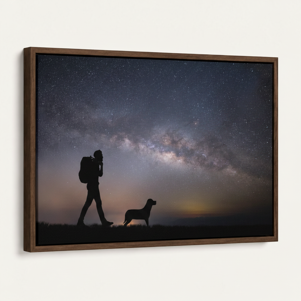 Dark walnut floater framed Milky Way canvas wall art, 45-degree angled view